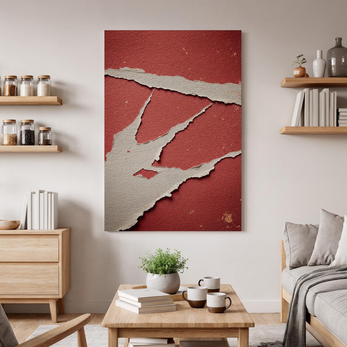 Red Abstract Texture Wall Art Modern Minimalist Canvas Torn Paper Effect Print Bold Contemporary Home Decor Unique Statement Piece