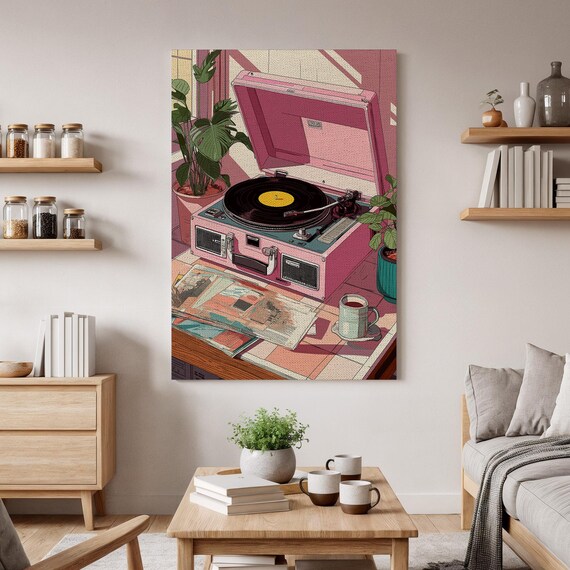 Vintage Record Player Canvas Wall Art Retro Music Cozy Turntable Artwork Colorful Vinyl Decor Stylish Home Interior