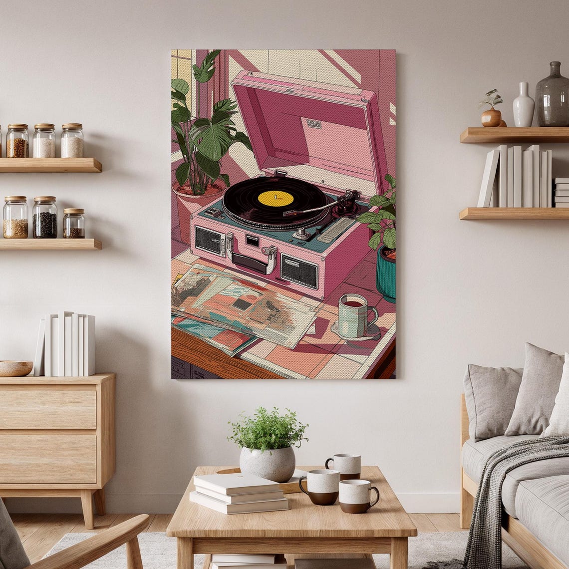 Retro Pink Record Player Vinyl Suitcase Cozy Music Scene Poster