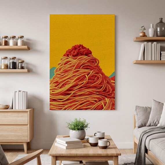 Spaghetti Mountain Huge Pasta Pile Yellow Fun Quirky Canvas Wall Art