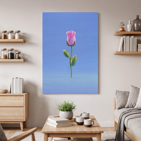 Elegant Rose Canvas Art Minimalist Pink On Blue Background Modern Floral Design For Calm And Serene Home Decor
