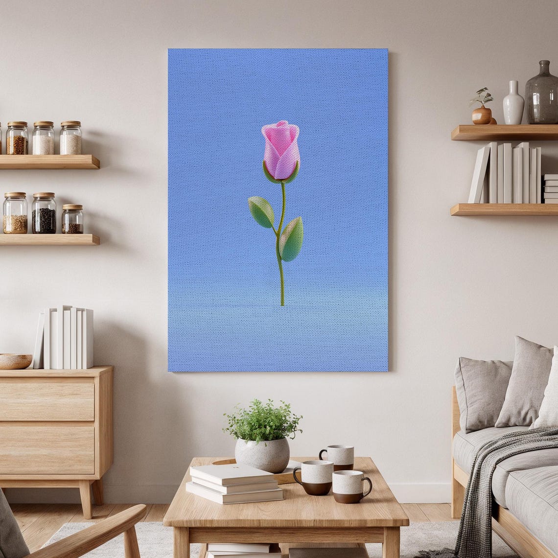 Pink Rose Bud Blue Background Minimalist Flower Floral Art Poster