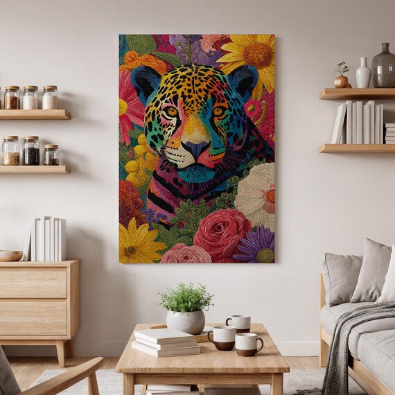 Colorful Leopard Floral Pop Art Jungle Cat Flowers Vibrant Poster