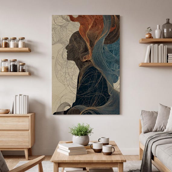 Abstract Soul Portrait Canvas Luminous Wavy Line Art Spiritual Profile Modern Meditative Decor Unique Gift People Surrealism