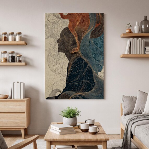 Abstract Woman Profile Luminous Wavy Line Art Spiritual Canvas Print