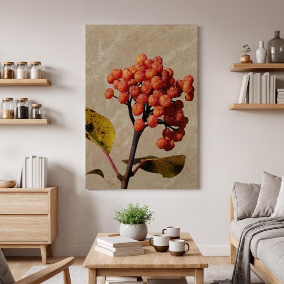 Red Berry Botanical Wall Art Nature Inspired Canvas Print Rustic Autumn Plant Artwork Minimalist Natural Decor For Home