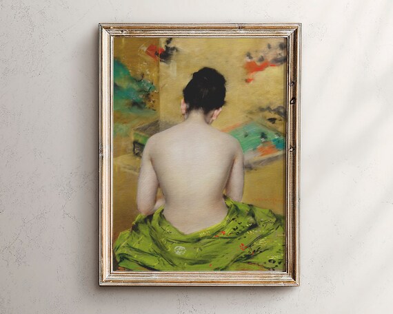 Vintage Bather Back Green Silk Drapery Gold Screen Painting Poster