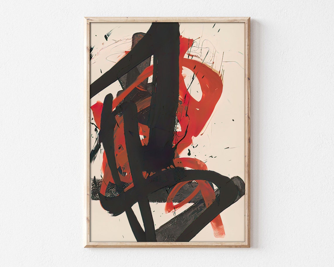 Abstract Bold Black Red Brushstroke Mid Century Modern Painting Print