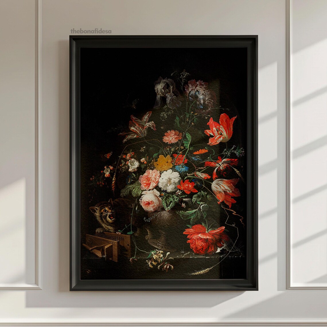 Dark Floral Still Life With Cat Vintage Moody Flower Painting Wall Art
