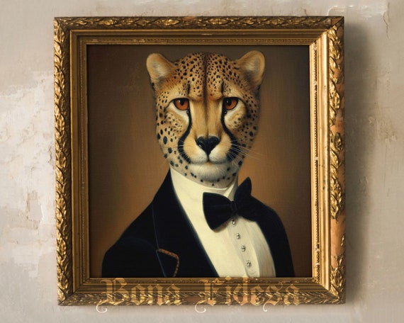 Cheetah in Tuxedo Victorian Animal Portrait Safari Nursery Dark Academia Wall Art