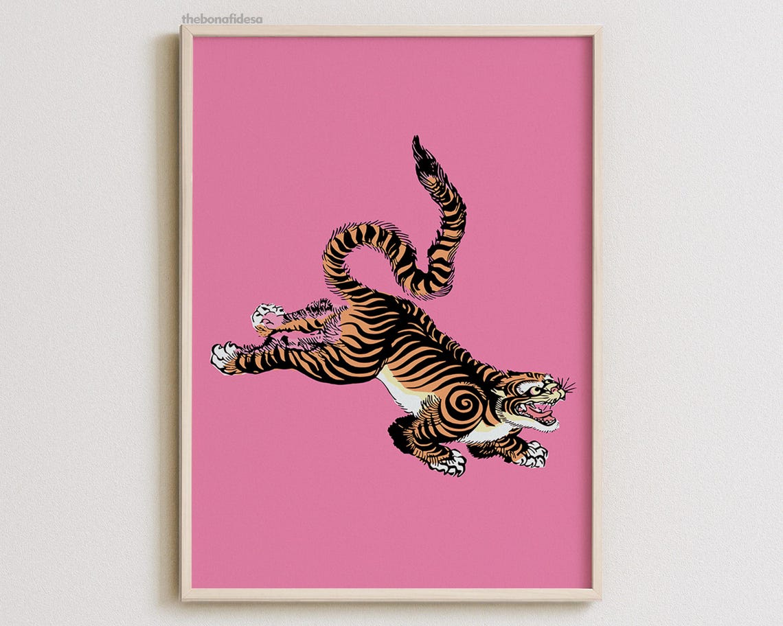 Roaring Tiger Bold Japanese Tattoo Illustration on Bright Pink Poster