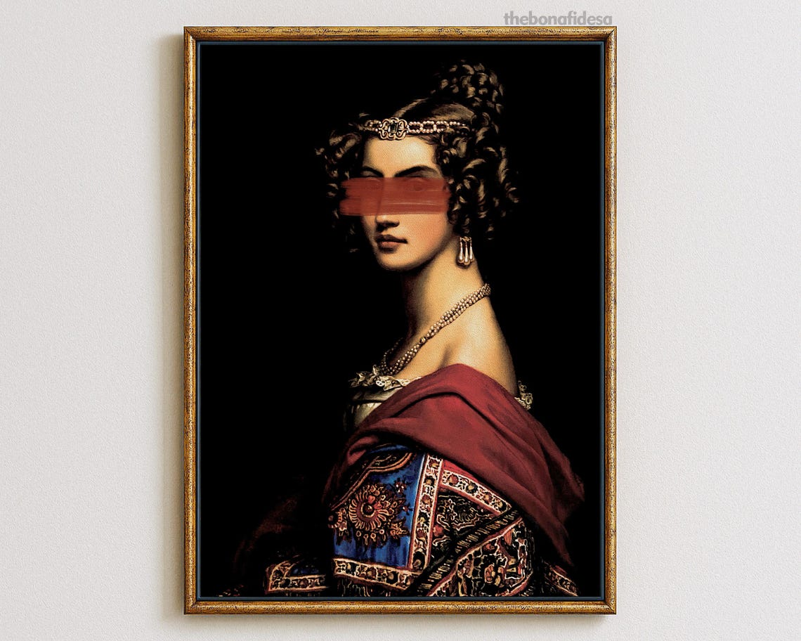 Altered Rococo Portrait With Red Blindfold Humorous Art Print