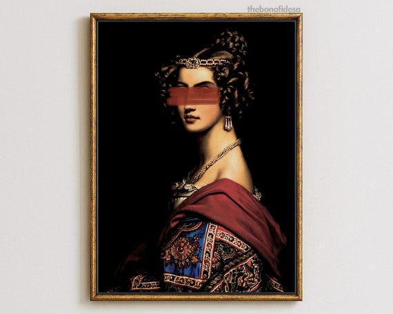 Altered Vintage Portrait Woman Red Painted Eyes Dark Moody Gothic Print