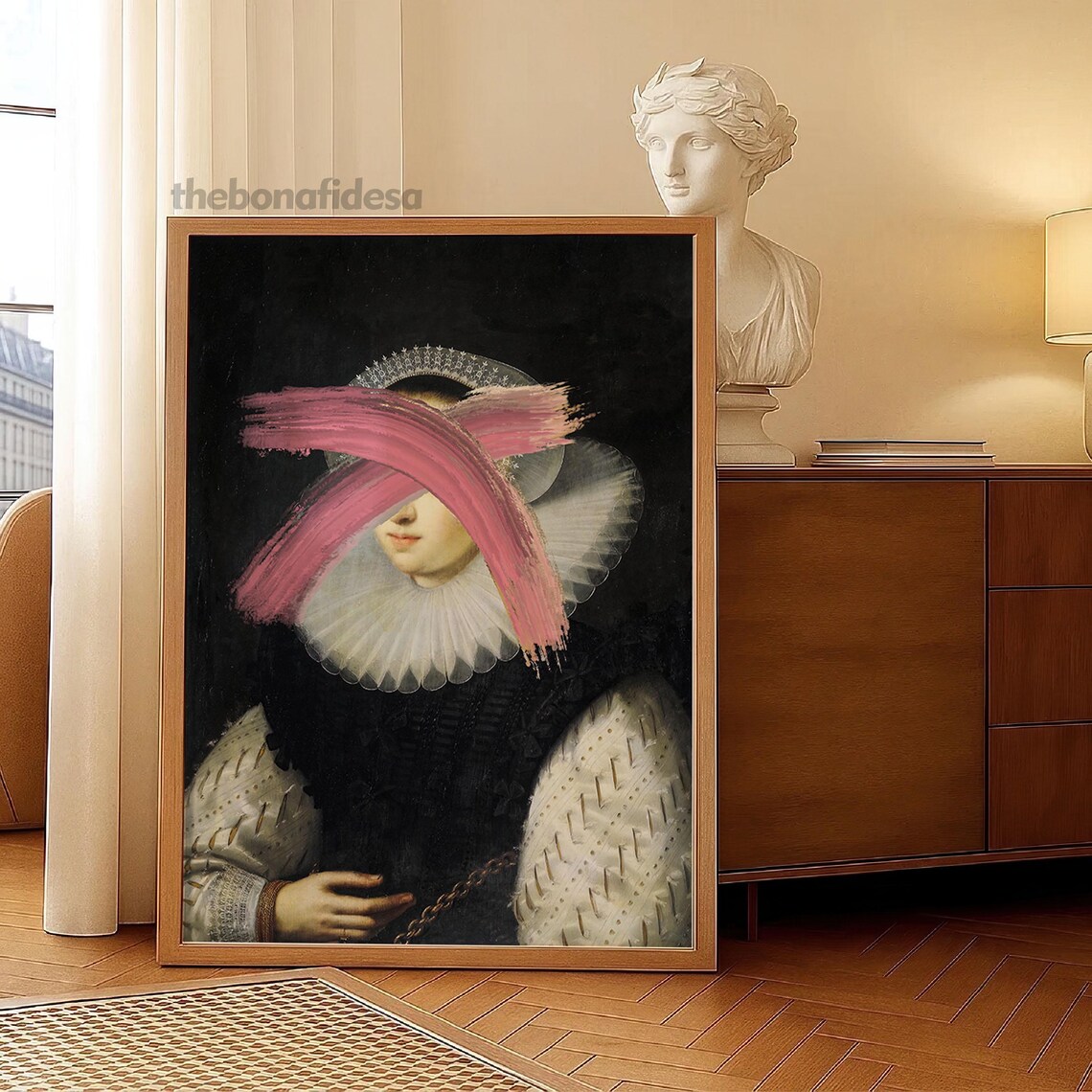 Altered Renaissance Woman Portrait with Pink Brushstrokes Funny Poster