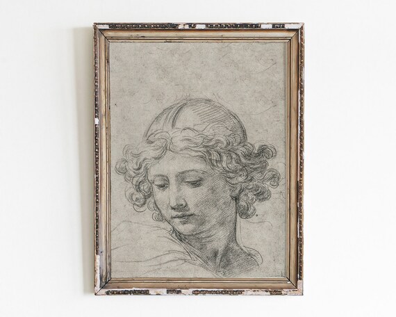 Vintage Charcoal Female Head Sketch Antique Portrait Study Art Poster