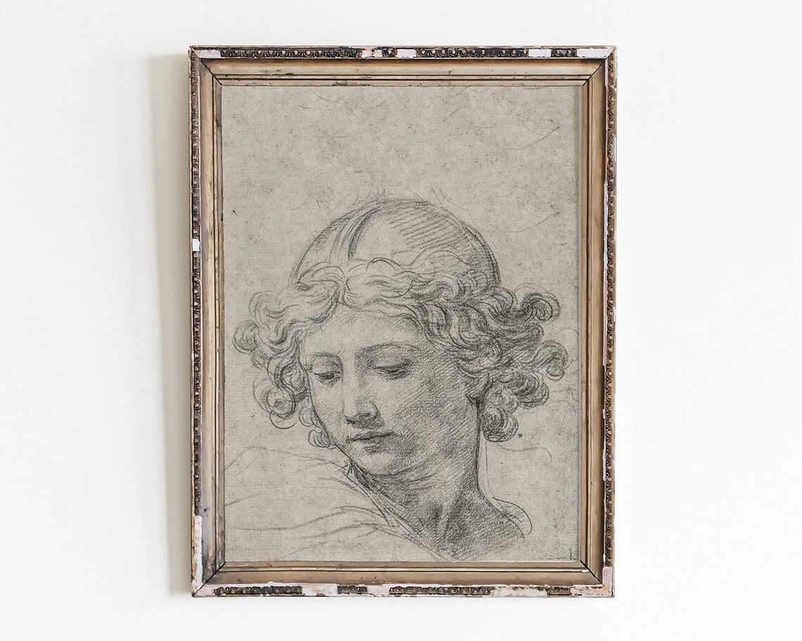 Vintage Charcoal Female Head Sketch Antique Portrait Study Art Poster