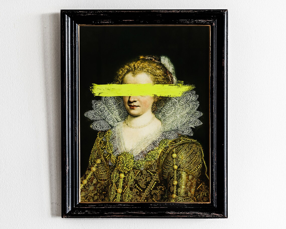 Altered Baroque Lady Neon Yellow Eye Bar Gold Lace Modern Art Poster