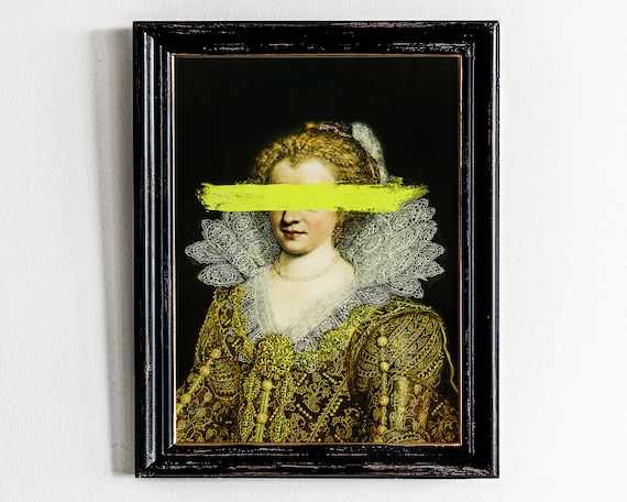 Altered Baroque Lady Neon Yellow Eye Bar Gold Lace Modern Art Poster