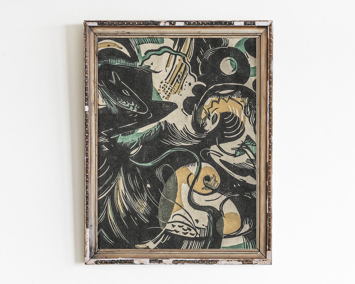 Dark Expressionist Abstract Woodcut Swirl Vintage Style Art Print