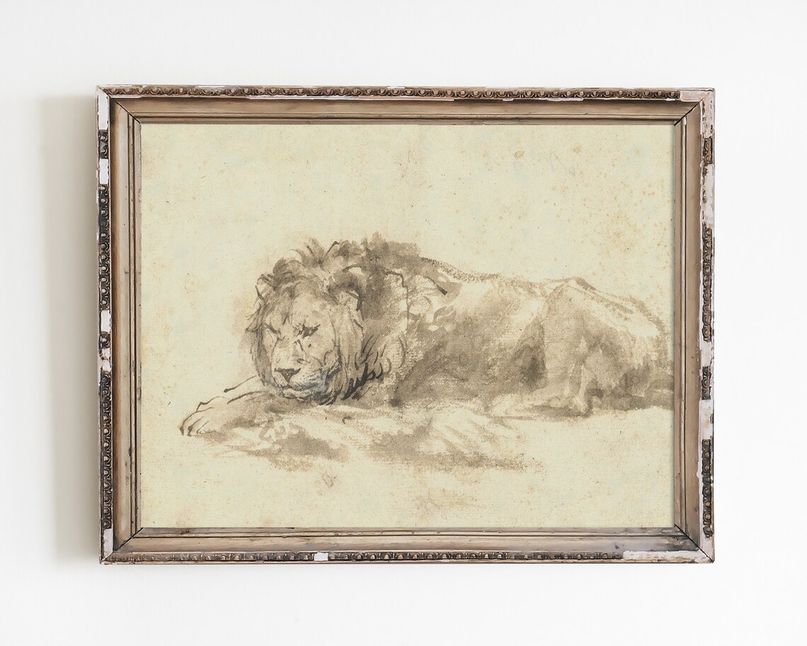 Vintage Lion Sketch Art Print, Boho Decor
