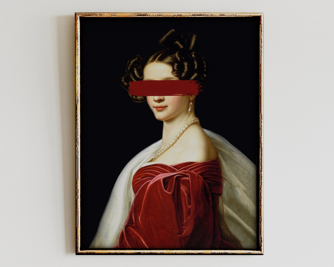Altered Vintage Woman Red Velvet Dress Surreal Portrait Poster