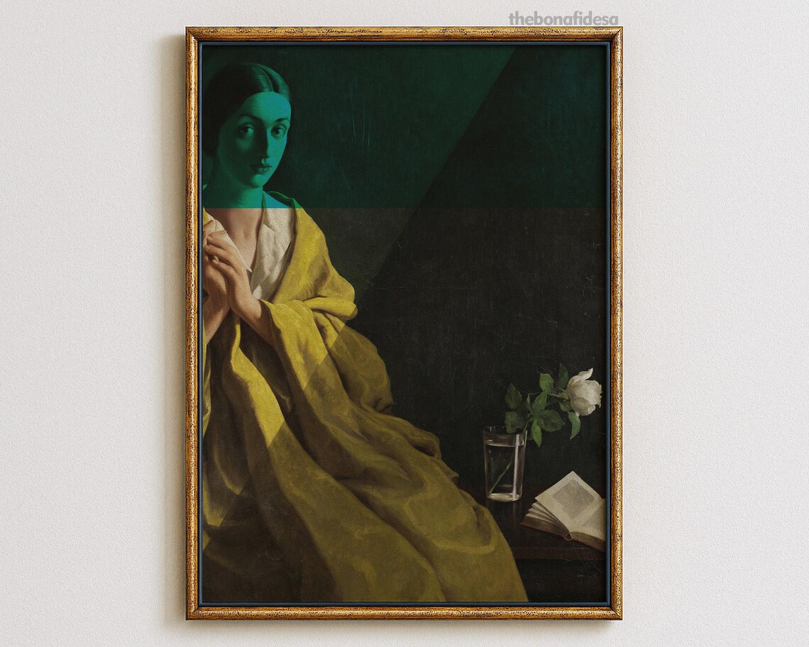 Altered Vintage Woman Portrait Green Paint Yellow Gown Dark Surreal Print