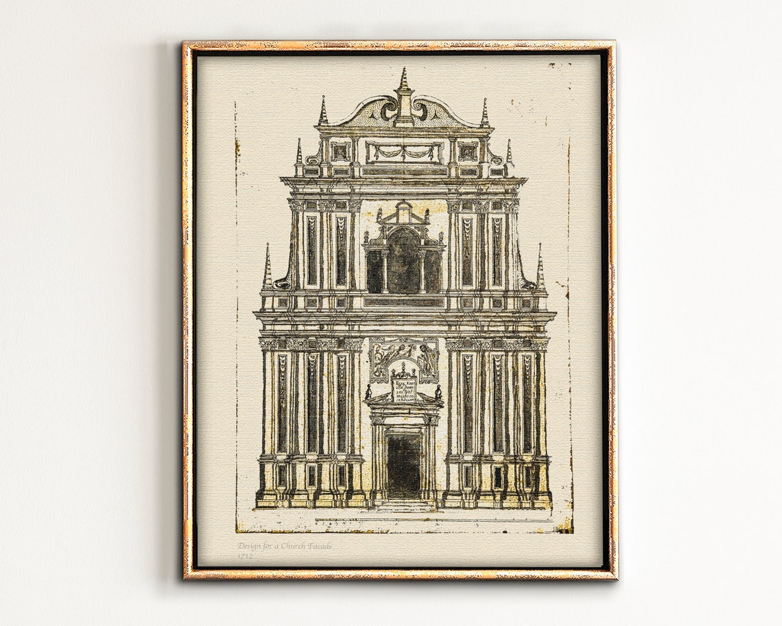 Antique Church Facade Ink Drawing 1712 Architectural Art Print