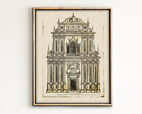 Vintage Architecture Drawing Prints Ink Sketch Church Facade Poster Wall Art Neutral Gallery Decor
