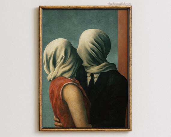 Magritte The Lovers Surrealist Painting Famous Kiss Shrouded Faces Wall Art