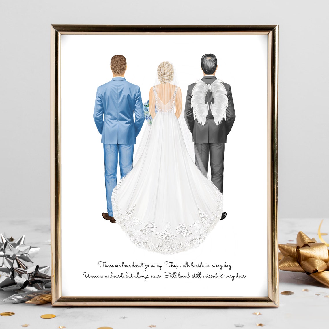 Bride With Dad and Angel Wings Memorial Wedding Portrait Poster