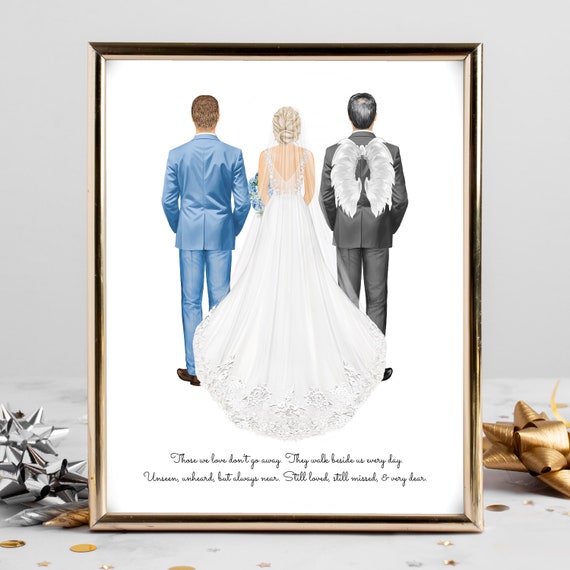 Bride With Dad and Angel Wings Memorial Wedding Portrait Poster