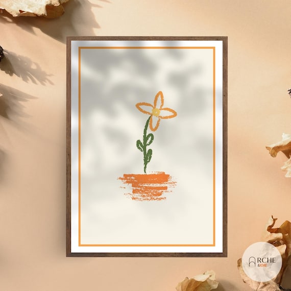 Orange Flower Childlike Doodle Pastel Floral Kitchen Art Poster