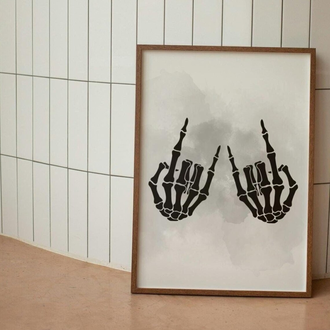 Skeleton Rock Hands Horns Sign Watercolor Halloween Spooky Poster