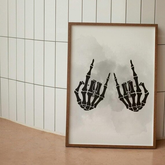 Skeleton Rock Hands Horns Sign Watercolor Halloween Spooky Poster