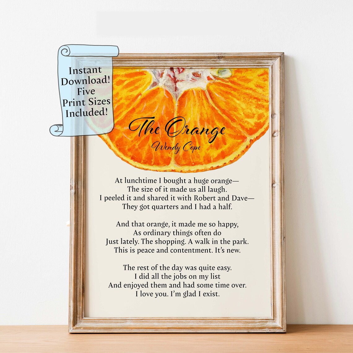 The Orange by Wendy Cope Poem With Citrus Watercolor Art Poster