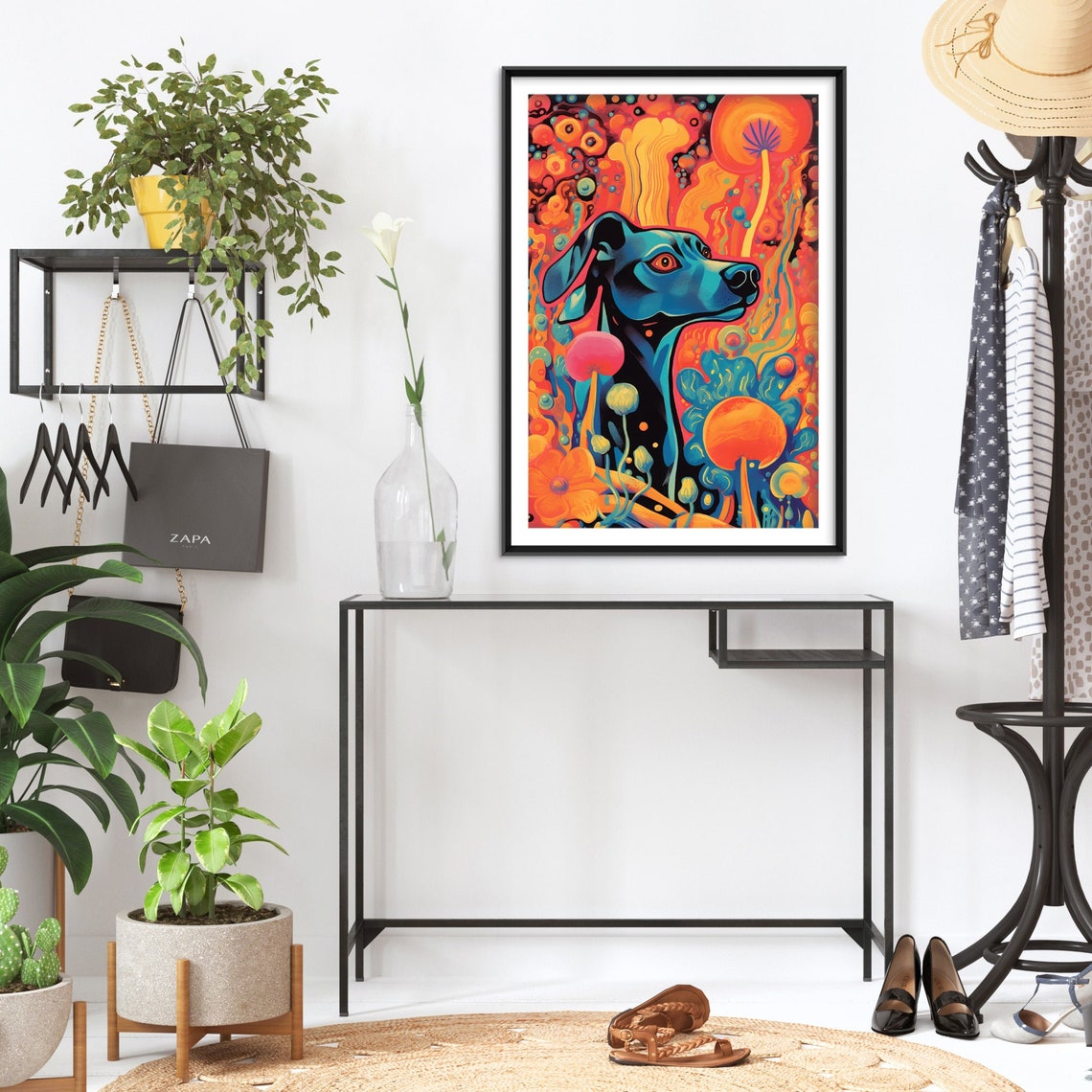 Psychedelic Trippy Blue Dog Among Orange Blooms Fantasy Poster - Image 2