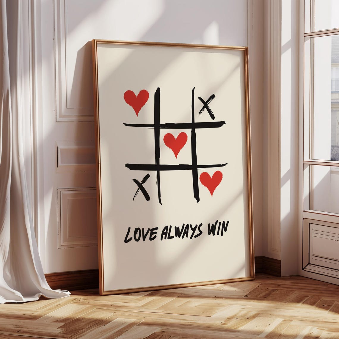 Love Always Win Hearts Tic Tac Toe Hand Drawn Romance Poster - Image 3