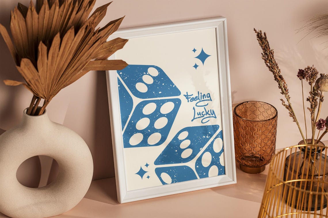 Dusty Blue Feeling Lucky Oversized Dice Retro Casino Game Room Poster - Image 2