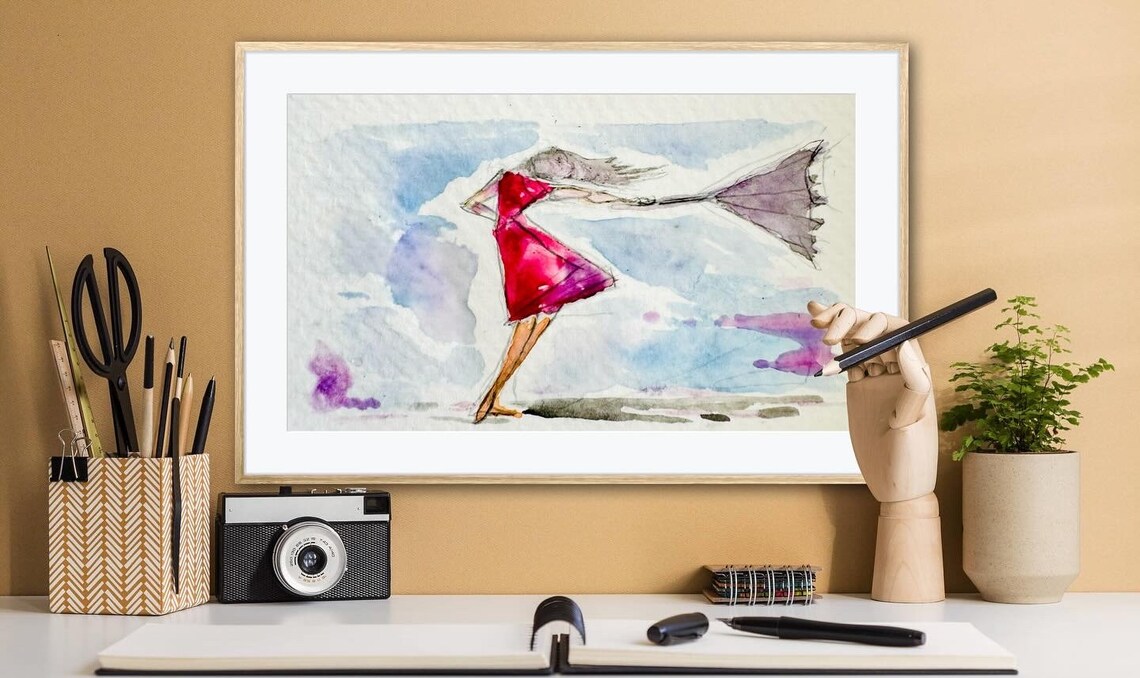 Girl in the Rain Red Dress Watercolor Windy Umbrella Scene Art Poster