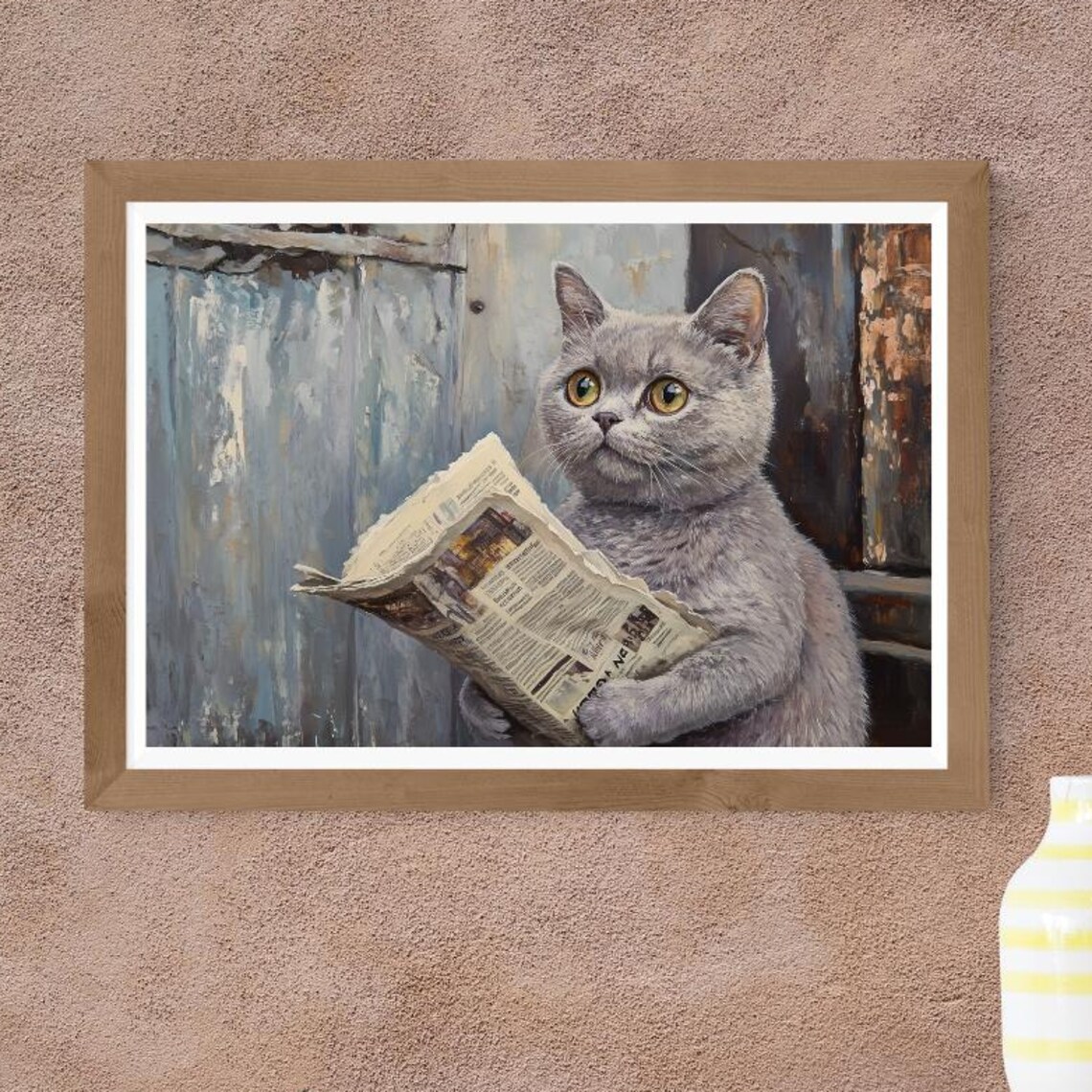 Gray Cat Reading a Newspaper Whimsical British Shorthair Funny Feline Poster