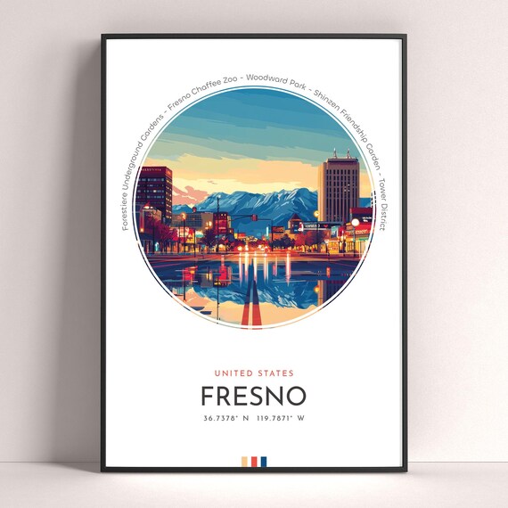 Fresno California Downtown Skyline Mountain Dusk Travel Poster
