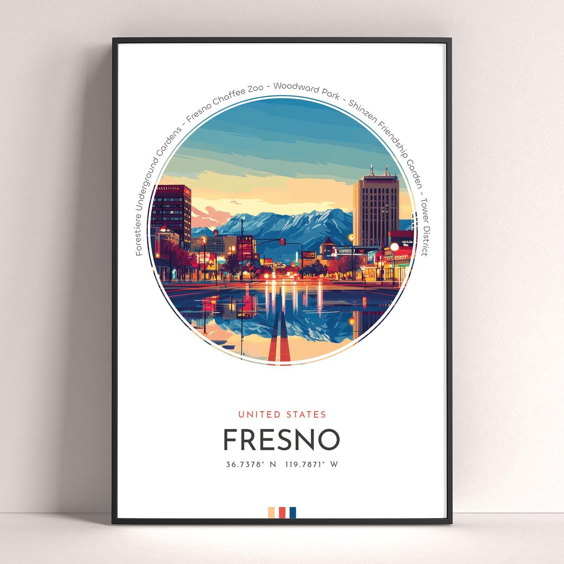 Fresno California Downtown Skyline Mountain Dusk Travel Poster