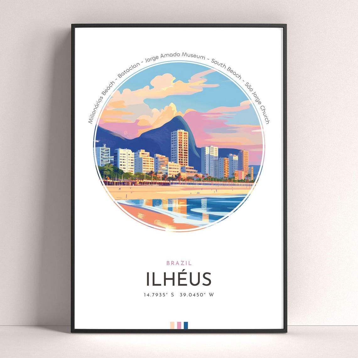 Ilheus Brazil Beachfront City and Mountain Sunset Travel Poster