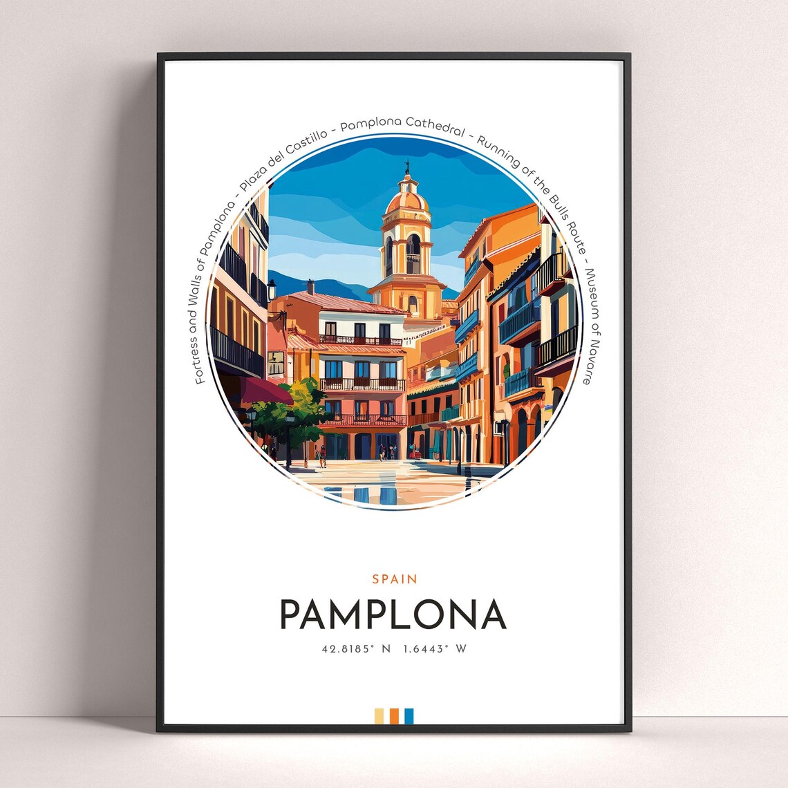 Pamplona Spain Old Town Cathedral Street Vintage Travel Poster