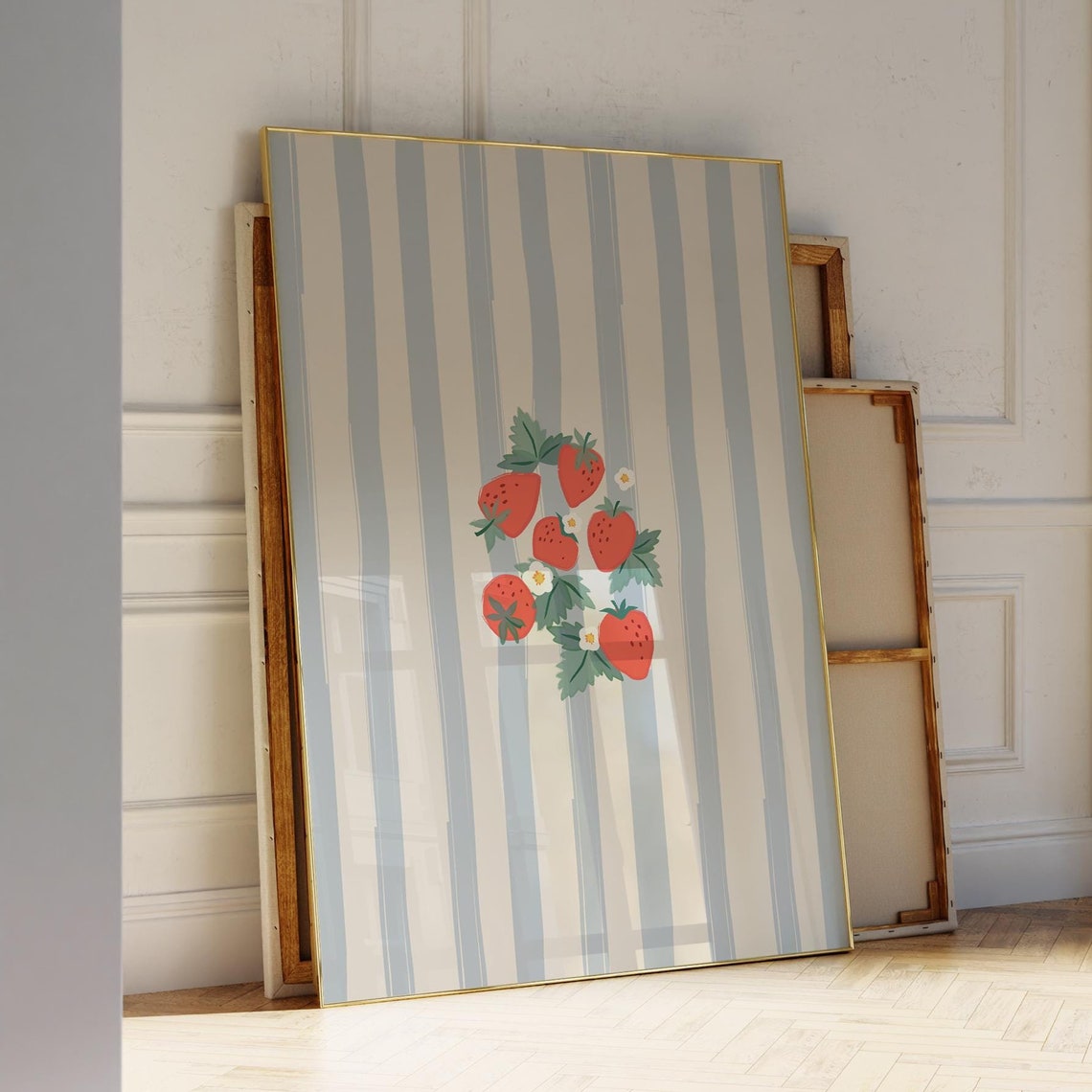 Strawberry Branch Red Berries Blue White Striped Kitchen Wall Art - Image 2
