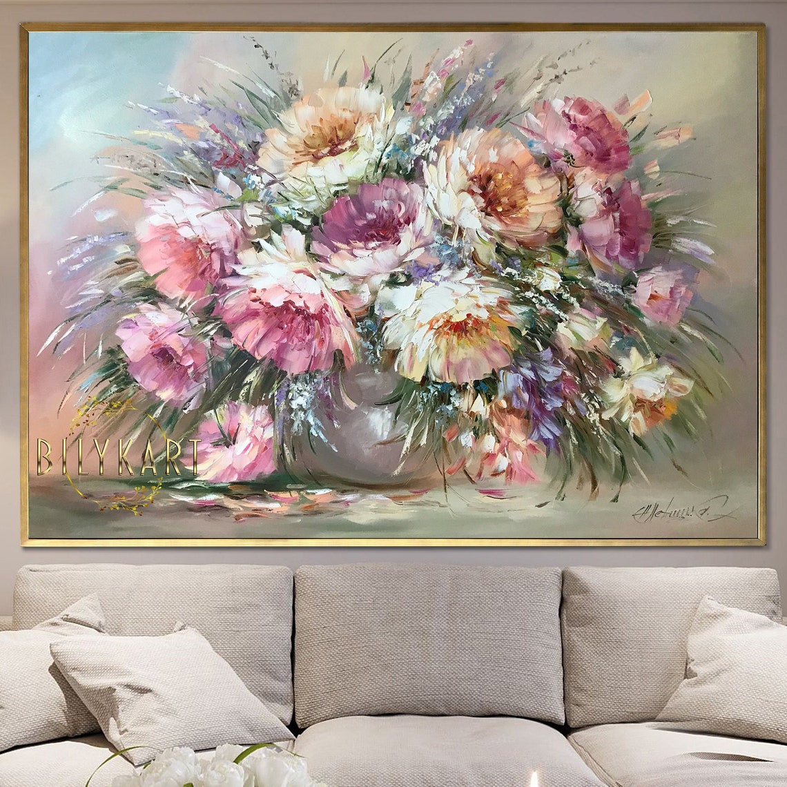 Large Peony Oil Painting On Peonies Wall Art Sage Green Purple Living Room Decor Above Bed Floral Art Original Peony Flower Painting