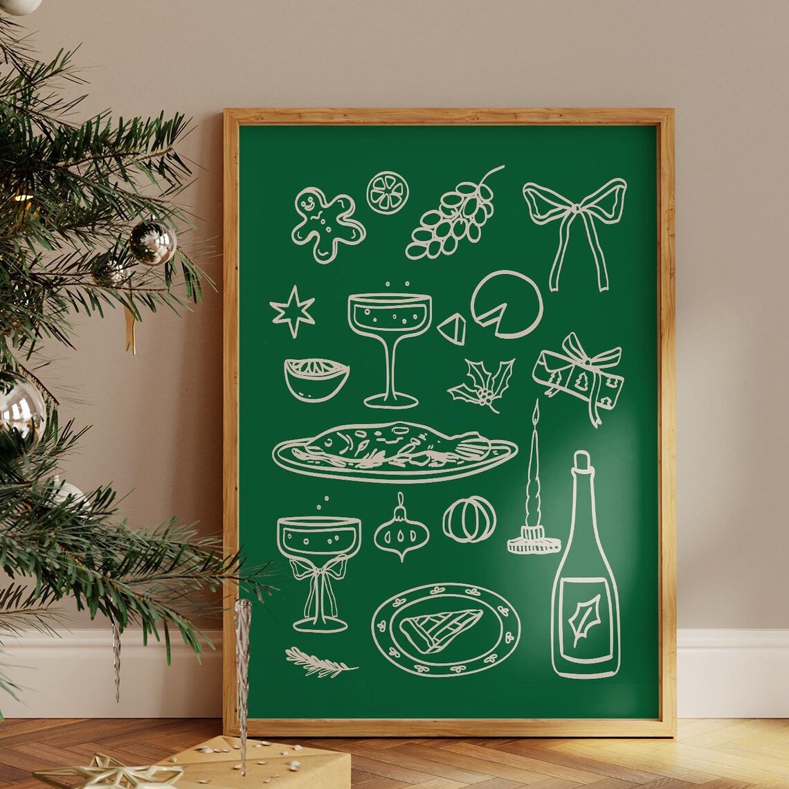 Christmas Dinner Line Art Green Champagne Turkey Party Holiday Wall Poster