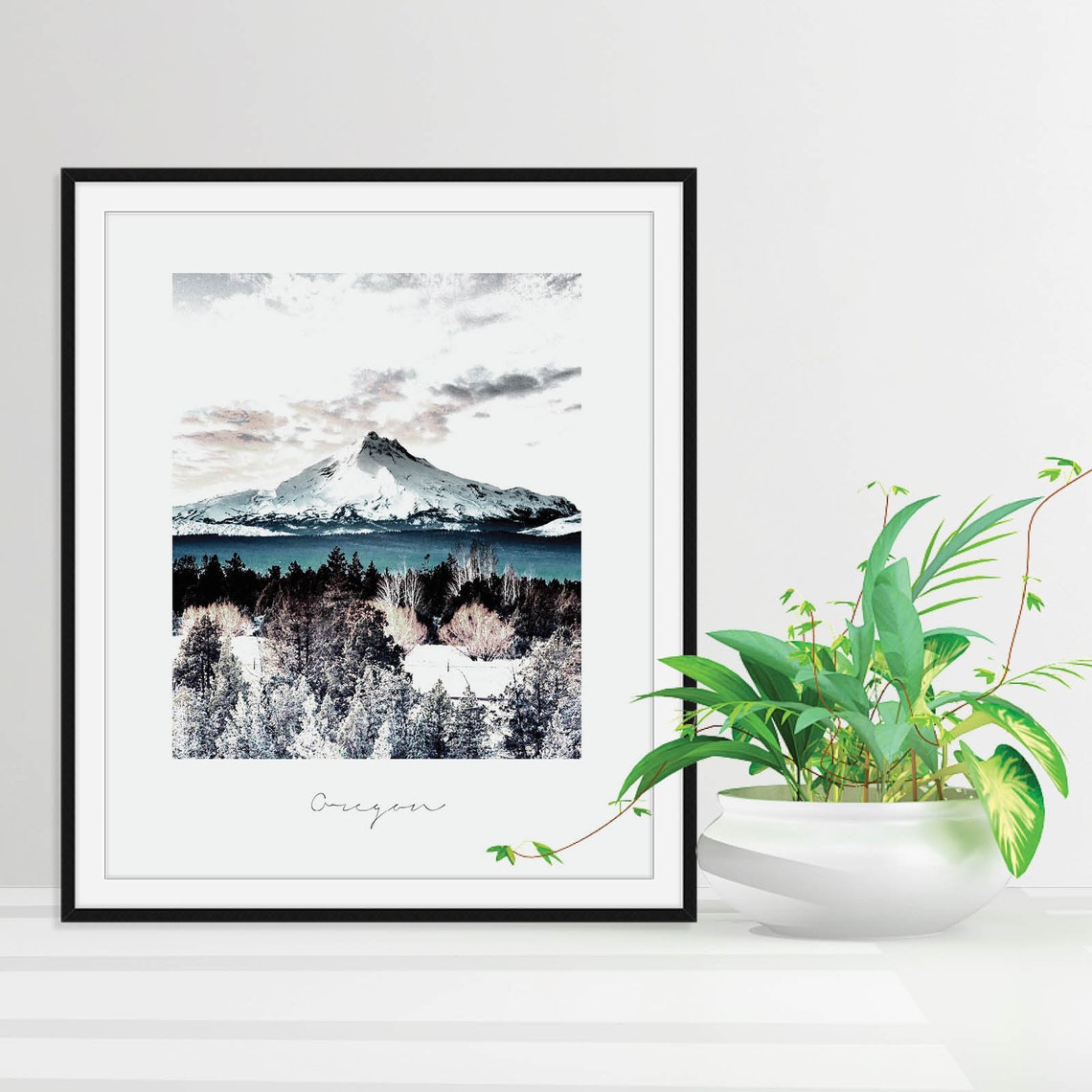 Oregon Snowcapped Mountain Winter Landscape Script Caption Poster - Image 2