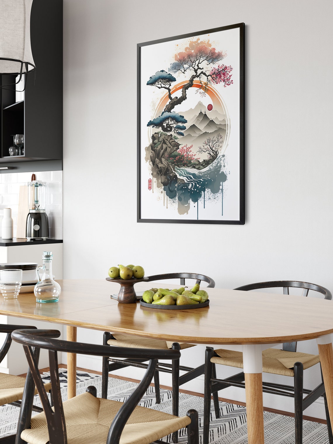 Japanese Watercolor Pine Mountain Enso Circle Lake Landscape Wall Art - Image 6