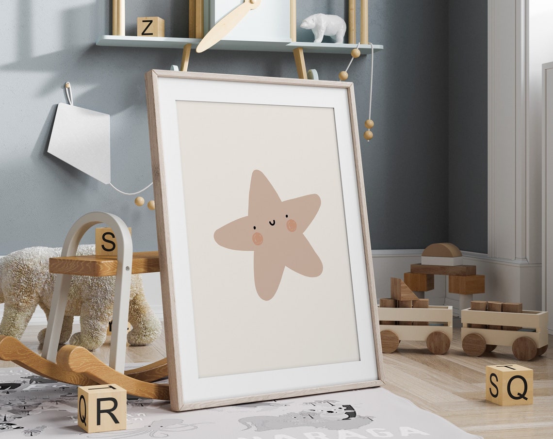 Smiling Star Nursery Neutral Tan Cute Kids Room Decor Poster - Image 3